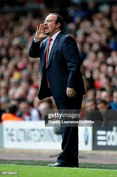 Rafael Benitez the Liverpool manager shouts instructions to his players during the Barclays Premier League match between Liverpool and Chelsea at...