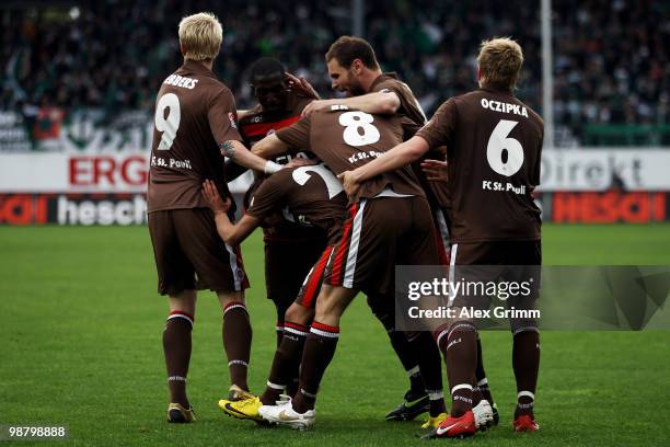 Deniz Naki of St. Pauli celebrates his team's first goal with team mates during the Second Bundesliga match between SpVgg Greuther Fuerth and FC St....