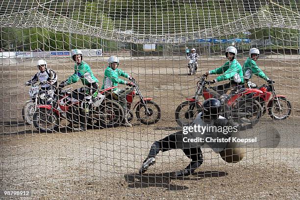 Goalie Phil Stolte of Seelze saves a free-kick during the Motoball match between MBC Kierspe and MSC Seelze at the Motoball Arena on May 2, 2010 in...