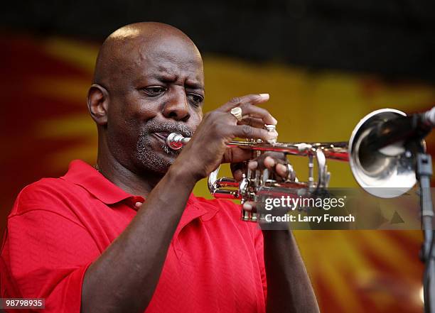 Gregory Davis of Galactic performs at the 2010 New Orleans Jazz & Heritage Festival Presented By Shell, at the Fair Grounds Race Course on May 1,...