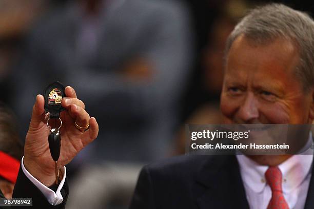 Wolfgang Porsche, chairman of the supervisor board Porsche AG, looks on at the final day of the WTA Porsche Tennis Grand Prix Tournament at the...