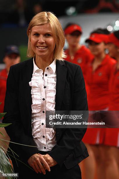Anke Huber smiles at the final day of the WTA Porsche Tennis Grand Prix Tournament at the Porsche Arena May 2, 2010 in Stuttgart, Germany.
