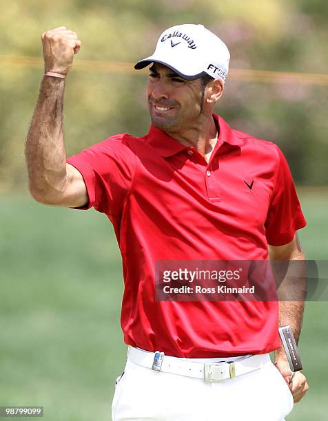 Alvaro Quiros of Spain celebrates making a putt during the final round of the Open de Espana at the Real Club de Golf de Seville on May 2, 2010 in...