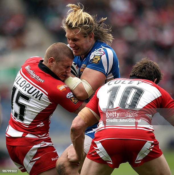 Eorl Crabtree of Huddersfield Giants tries to break through during the Engage Super League game between Wigan Warriors and Huddersfield Giants at...