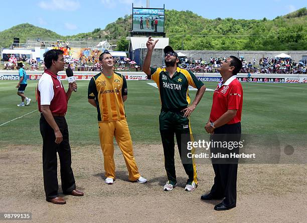 Michael Clarke of Australia looks on as Shahid Afridi tosses the coin befotreThe ICC World Twenty20 Group A match between Pakistan and Australia...