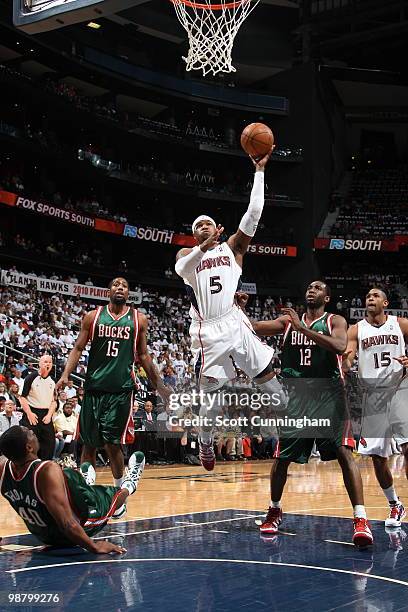 Josh Smith of the Atlanta Hawks puts up a shot against the Milwaukee Bucks in Game Seven of the Eastern Conference Quarterfinals during the 2010 NBA...