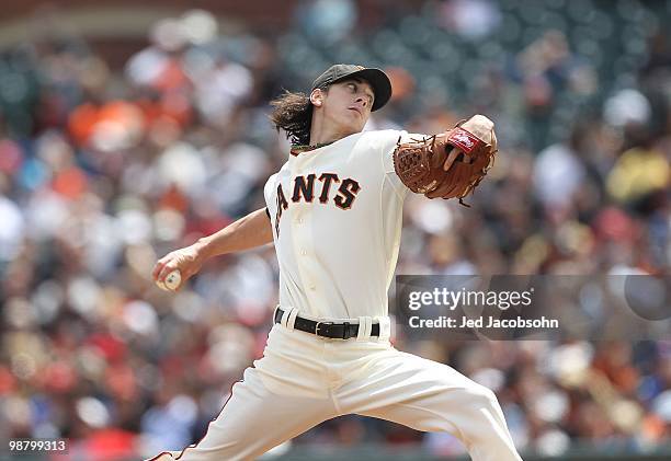 Tim Lincecum of the San Francisco Giants pitches against the Philadelphia Phillies during an MLB game at AT&T Park on April 28, 2010 in San...