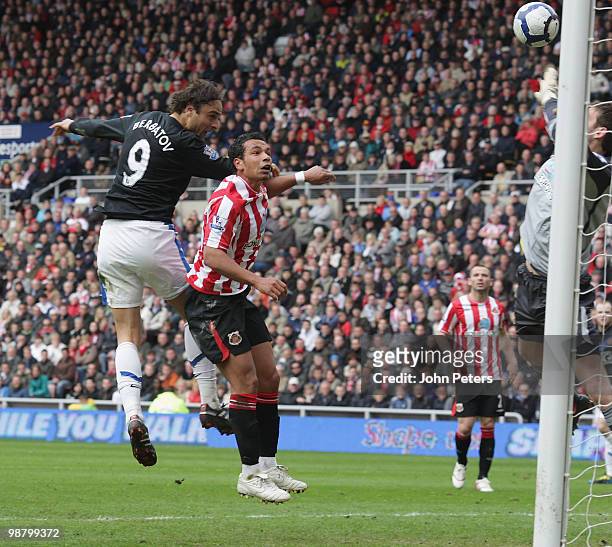 Dimitar Berbatov of Manchester United has a header on goal during the Barclays Premier League match between Sunderland and Manchester United at the...