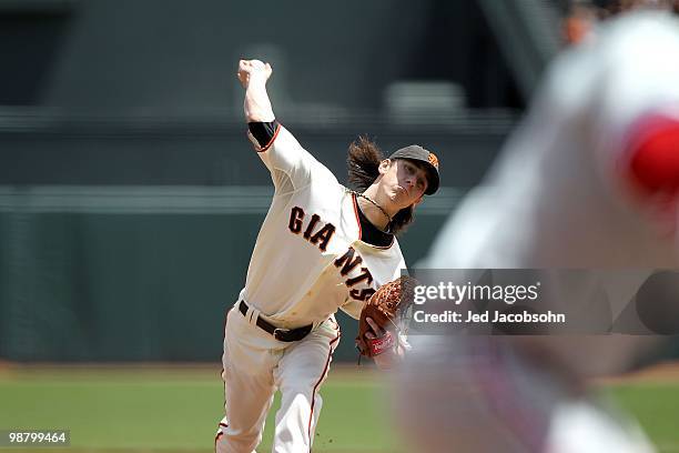 Tim Lincecum of the San Francisco Giants pitches against the Philadelphia Phillies during an MLB game at AT&T Park on April 28, 2010 in San...