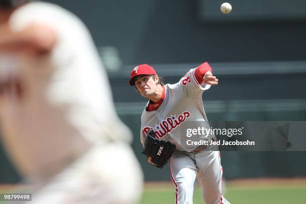 Cole Hamels of the Philadelphia Phillies pitches against the San Francisco Giants during an MLB game at AT&T Park on April 28, 2010 in San Francisco,...