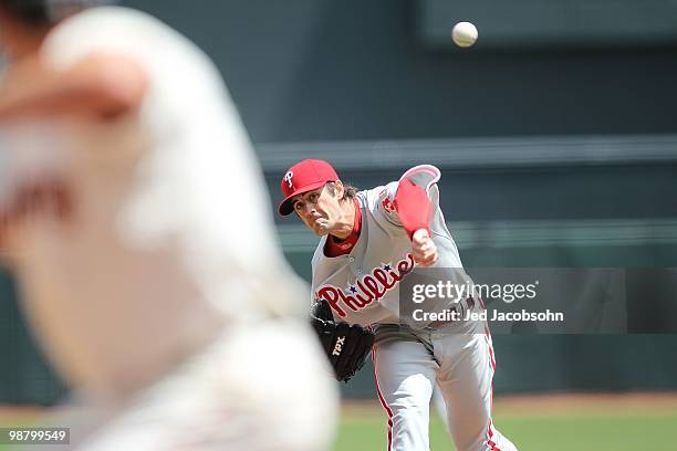 Cole Hamels of the Philadelphia Phillies pitches against the San Francisco Giants during an MLB game at AT&T Park on April 28, 2010 in San Francisco,...