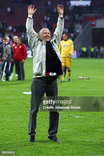 Walther Seinsch, president of Augsburg celebrates after the Second Bundesliga match between FC Augsburg and TSV 1860 Muenchen at Impuls Arena on May...