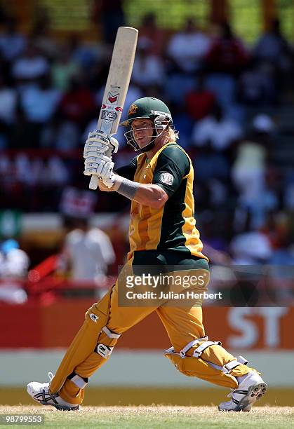 Shane Watson of Australia hits out during The ICC World Twenty20 Group A match between Pakistan and Australia played at The Beausejour Cricket Ground...