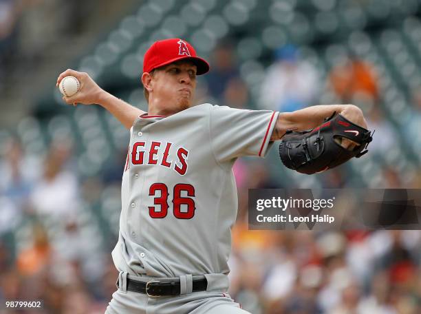 Jered Weaver of the Los Angeles Angels of Anaheim pitches in the second inning against the Detroit Tigers on May 2, 2010 at Comerica Park in Detroit,...