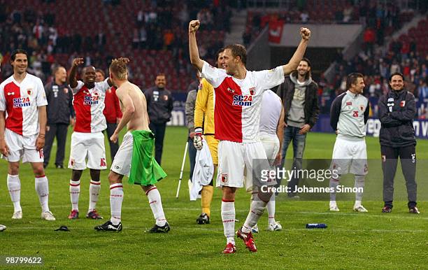 Daniel Brinkmann of Augsburg and his teammates celebrate after the Second Bundesliga match between FC Augsburg and TSV 1860 Muenchen at Impuls Arena...