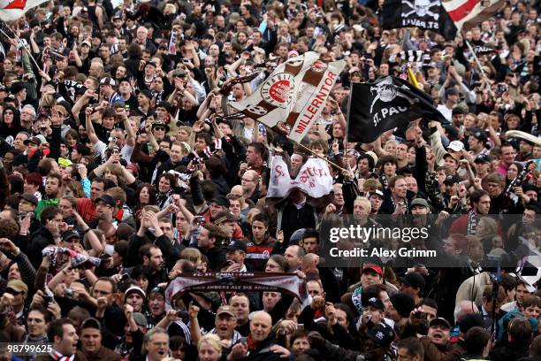 Supporters of St. Pauli celebrate after the Second Bundesliga match between SpVgg Greuther Fuerth and FC St. Pauli at the Playmobil Stadium on May 2,...