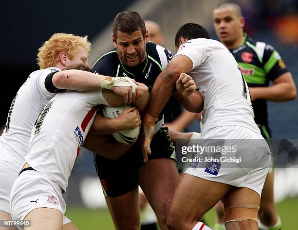 Joel Clinton of Hull Kingston Rovers is held up during the Engage Super League game between St.Helens and Hull KR at Murrayfield on May 2, 2010 in...