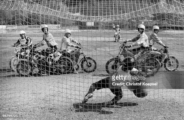 Goalie Phil Stolte of Seelze saves a free-kick during the Motoball match between MBC Kierspe and MSC Seelze at the Motoball Arena on May 2, 2010 in...