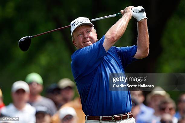 Billy Mayfair hits his tee shot on the fourth hole during the final round of the 2010 Quail Hollow Championship at the Quail Hollow Club on May 2,...