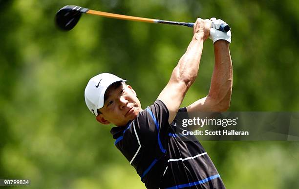 Anthony Kim hits his tee shot on the fourth hole during the final round of the 2010 Quail Hollow Championship at the Quail Hollow Club on May 2, 2010...