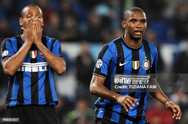 Inter Milan's Brazilian defender Maicon reacts next Inter Milan's Cameroonian forward Samuel Eto'o during their Serie A football match at Olympic...