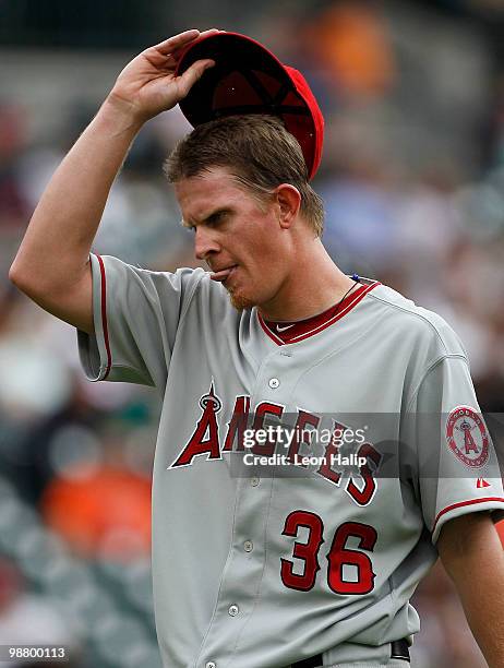 Jered Weaver of the Los Angeles Angels of Anaheim reacts after leaving the game in the sixth inning inning against the Detroit Tigers on May 2, 2010...