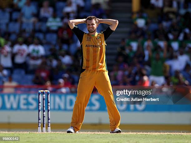 Dirk Nannes of Australia looks despondent as runs are scored of his bowling during The ICC World Twenty20 Group A match between Pakistan and...