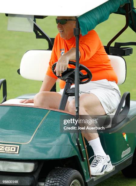 Executive Vice President-Football Operations Bill Parcells of the Miami Dolphins looks on during the rookie mini camp May 2, 2010 at the Miami...