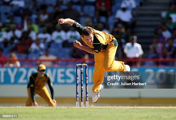 Dirk Nannes of Australia bowls during The ICC World Twenty20 Group A match between Pakistan and Australia played at The Beausejour Cricket Ground on...