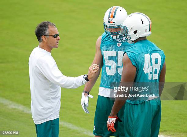 Defensive coordinator Mike Nolan talks to Koa Misi and Chris McCoy of the Miami Dolphins during the rookie mini camp May 2, 2010 at the Miami...