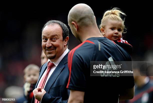 Rafael Benitez the Liverpool manager speaks with goalkeeper Pepe Reina on the pitch following the final home game of the year during the Barclays...