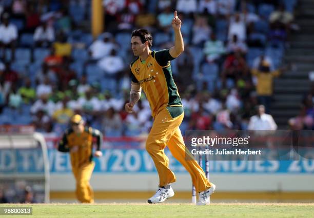Mitchell Johnson of Australia celebrates the wicket of Mohammad Hafeez during The ICC World Twenty20 Group A match between Pakistan and Australia...