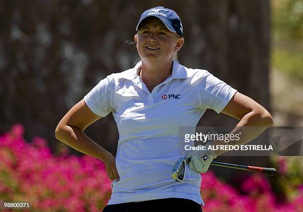 Golfer Stacy Lewis after her shot at the 6th hole during the final round of the Tres Marias Championship Open of the LPGA Tour at Tres Marias Country...