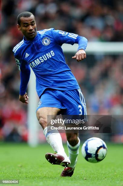 Ashley Cole of Chelsea passes the ball during the Barclays Premier League match between Liverpool and Chelsea at Anfield on May 2, 2010 in Liverpool,...