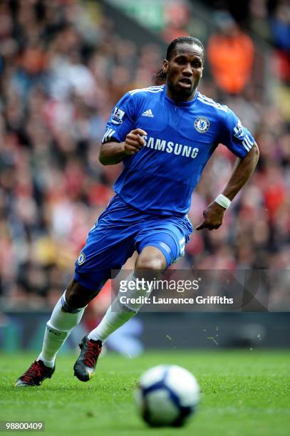 Didier Drogba of Chelsea chases down the ball during the Barclays Premier League match between Liverpool and Chelsea at Anfield on May 2, 2010 in...