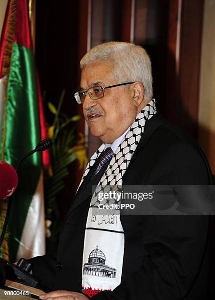 In this handout image supplied by the Palestinian Press Office , Palestinian President Mahmoud Abbas attends the opening ceremony of the new...