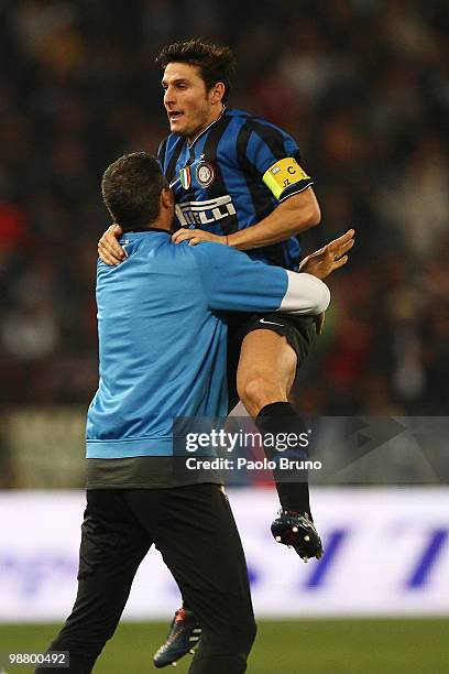 Cristian Zanetti with his teammate Francesco Toldo of FC Internazionale Milano celebrates the Inter goal during the Serie A match between SS Lazio...