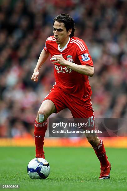 Yossi Benayoun of Liverpool runs with the ball during the Barclays Premier League match between Liverpool and Chelsea at Anfield on May 2, 2010 in...