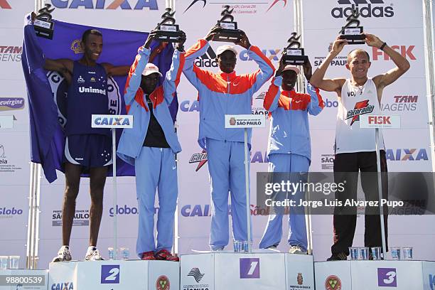Brazilian Marcos Alexandre Elias, Kenyans Jonathan Kipkorir, Stanley Biwott, Philip Kiplagat and Brazilian José Everaldo da Silva at the podium of...