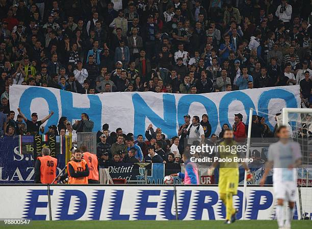 Fans of SS Lazio hold a funny banner to celebrate the goal of FC Internazionale Milano during the Serie A match between Lazio and FC Internazionale...