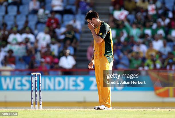 Mitchell Johnson of Australia looks despondent as runs are scored of his bowling during The ICC World Twenty20 Group A match between Pakistan and...