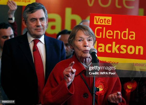 Britain's Prime Minister Gordon Brown listens as former actress and Labour Party MP Glenda Jackson speaks during a party meeting in a pub in Kilburn...