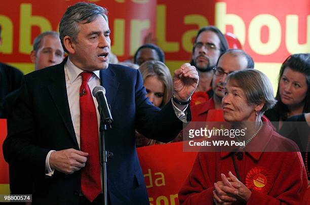 Britain's Prime Minister Gordon Brown speaks as former actress and Labour Party MP Glenda Jackson looks on during a party meeting in a pub in Kilburn...
