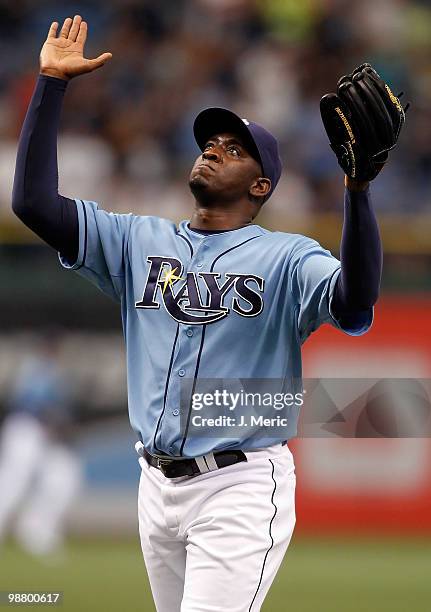 Relief pitcher Rafael Soriano of the Tampa Bay Rays reacts after earning a save against the Kansas City Royals during the game at Tropicana Field on...