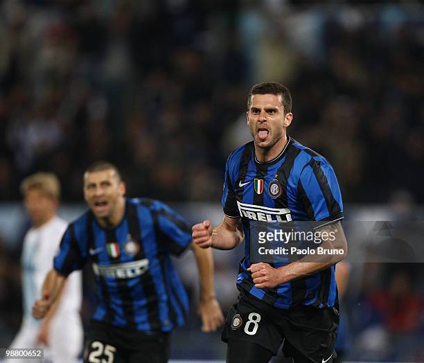 Thiago Motta of FC Internazionale Milano celebrates after scoring the second goal during the Serie A match between SS Lazio and FC Internazionale...