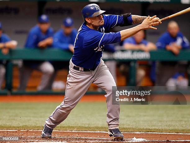 Catcher Jason Kendall of the Kansas City Royals gets a hit against the Tampa Bay Rays during the game at Tropicana Field on May 2, 2010 in St....