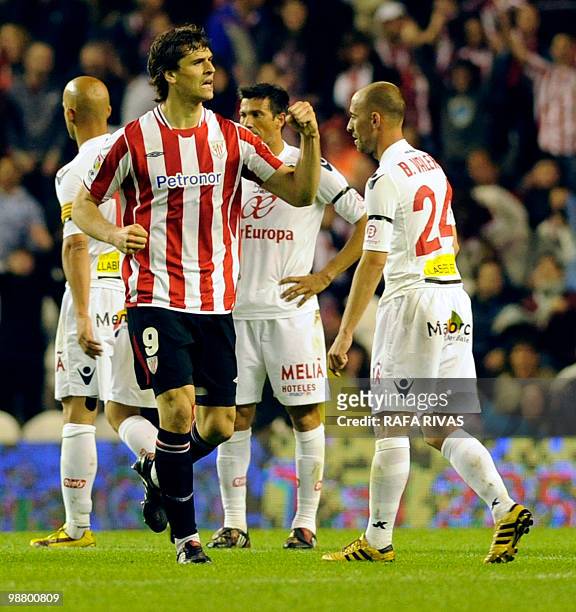 Athletic Bilbao's Fernando Llorente celebrates his goal against Mallorca during a Spanish league football match, on May 2 at San Mames stadium in...