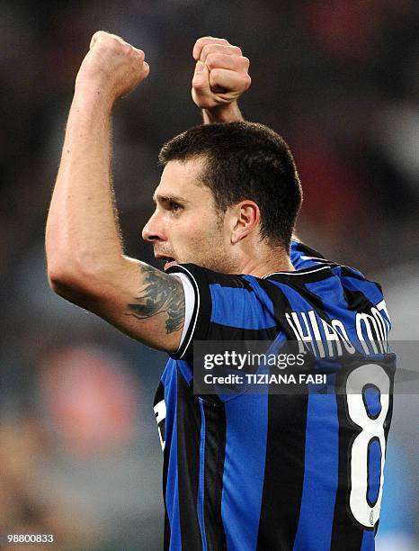 Inter Milan's Brazilian midfielder Thiago Motta jubilates after scoring during their "Serie A" football match Lazio vs Inter Milan at Olympic stadium...