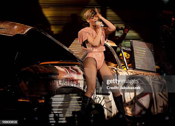 Pop singer Rihanna performs live during a concert at the O2 World on May 2, 2010 in Berlin, Germany. The concert is part of the 2010 tour to promote...