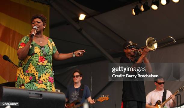 Singer Irma Thomas and Corey Henry of Galactic perform during day 7 of the 41st annual New Orleans Jazz & Heritage Festival at the Fair Grounds Race...